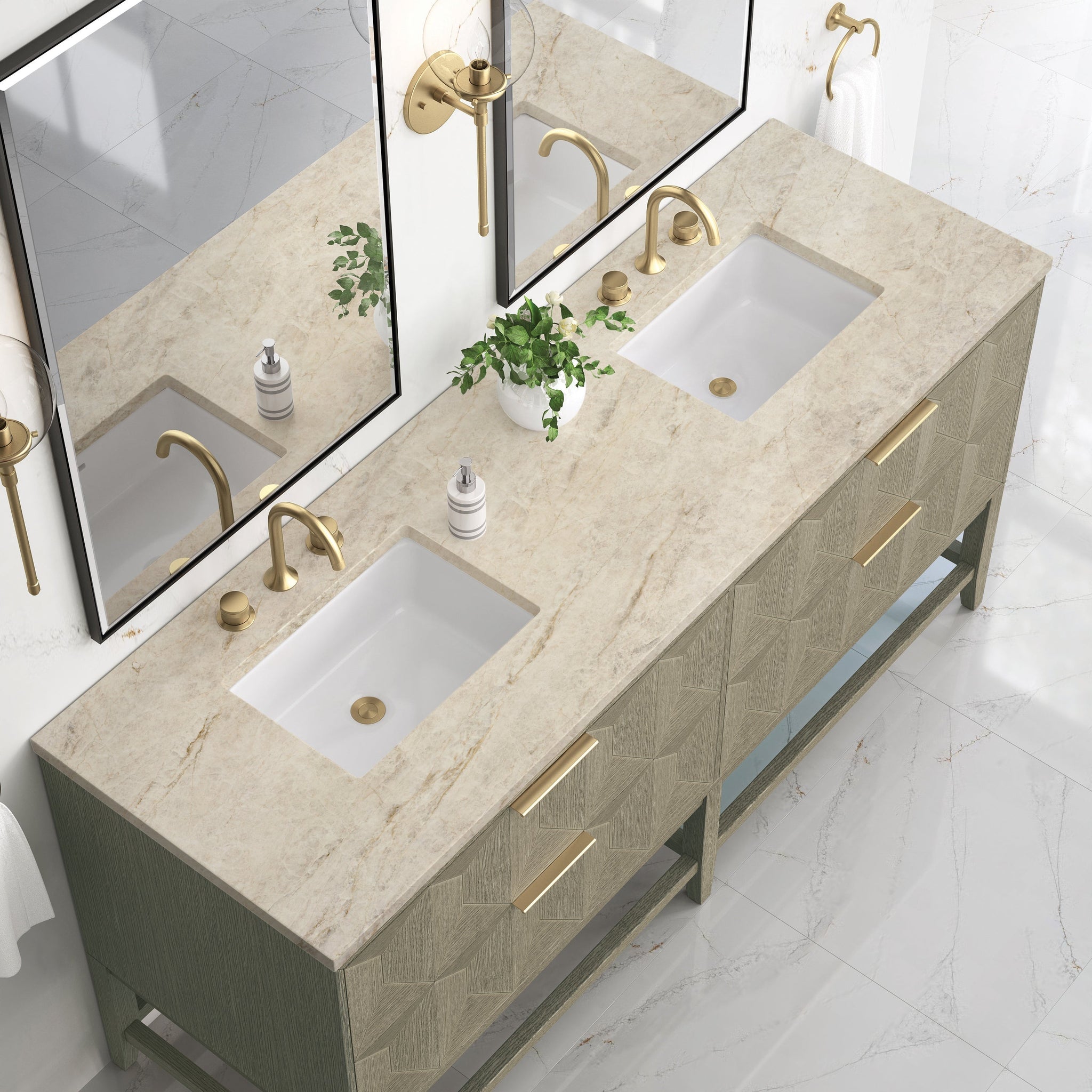 James Martin Emmeline 72" Double Bathroom Vanity, Pebble Oak with Tajnar countertop