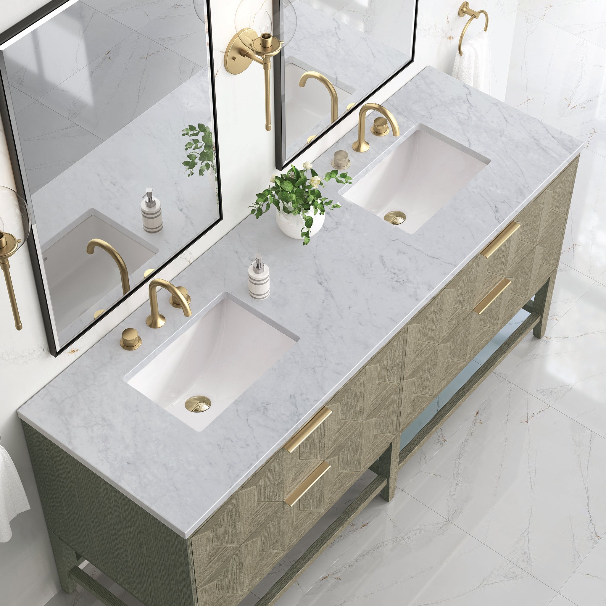 James Martin Emmeline 72" Double Bathroom Vanity, Pebble Oak with Carrara White countertop