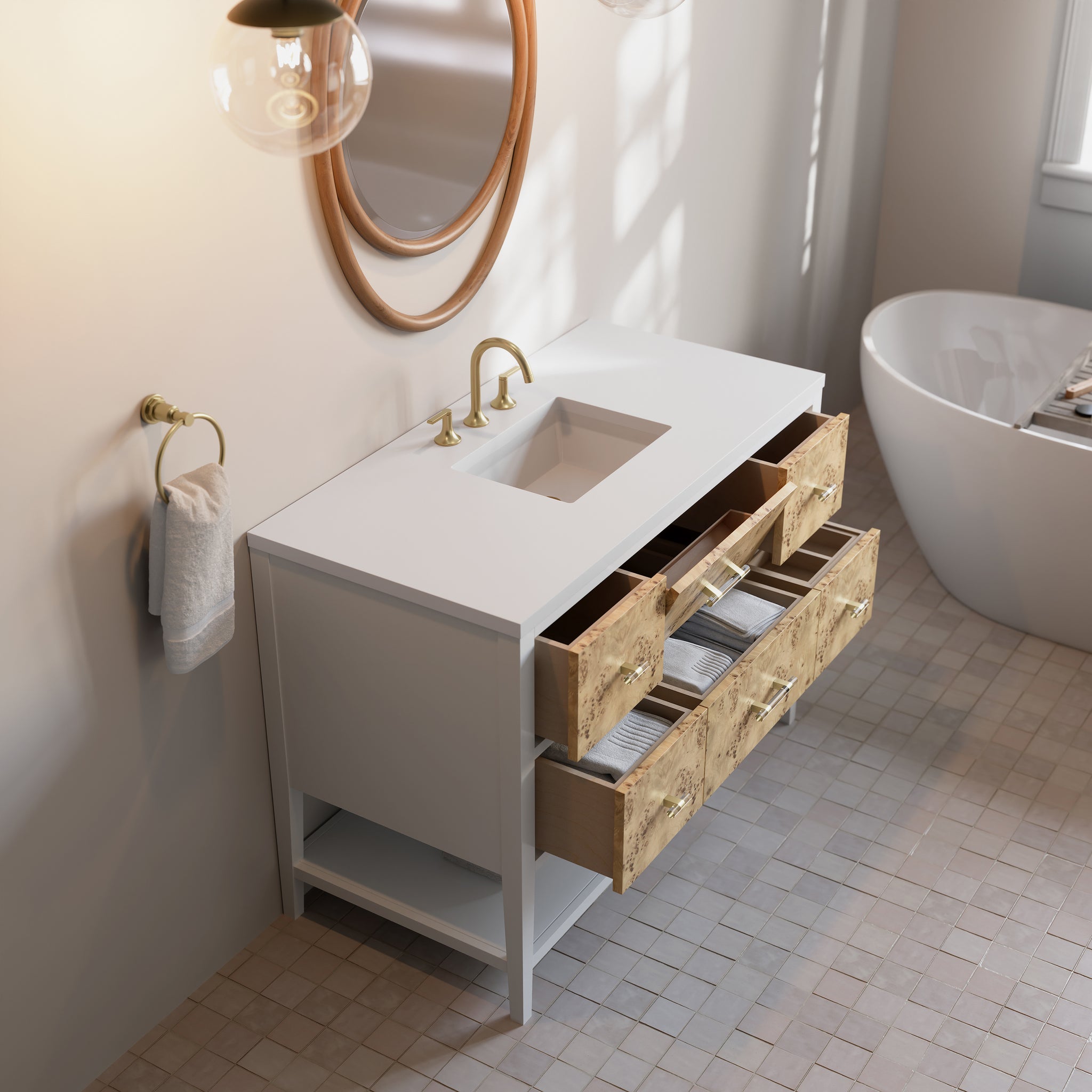 James Martin Olena 48" Single Bathroom Vanity, Polished White and Light Mappa Burl, view 20