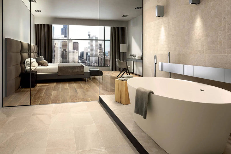 Milestone East Beige Stone Look Porcelain Tiles 12x24 by landmarkceramics