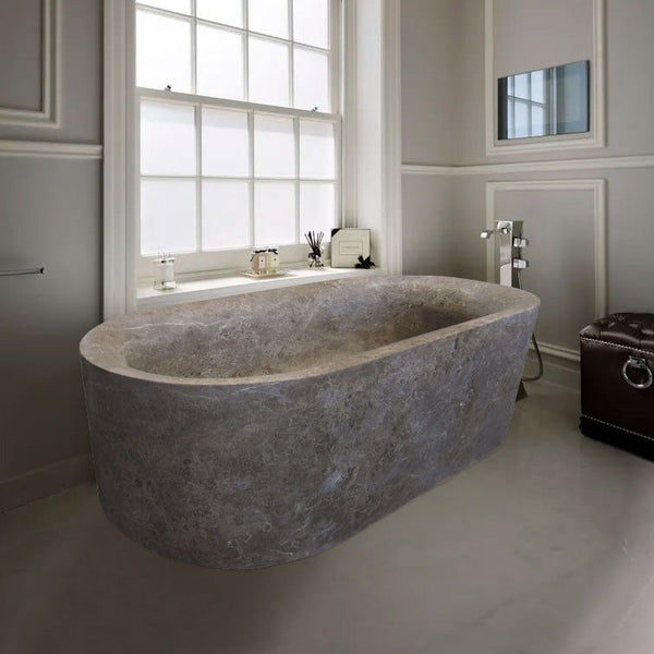 Coffee Brown Natural Travertine Hand-Carved Oval Soaking Bathtub - 40x72x22 Inches
