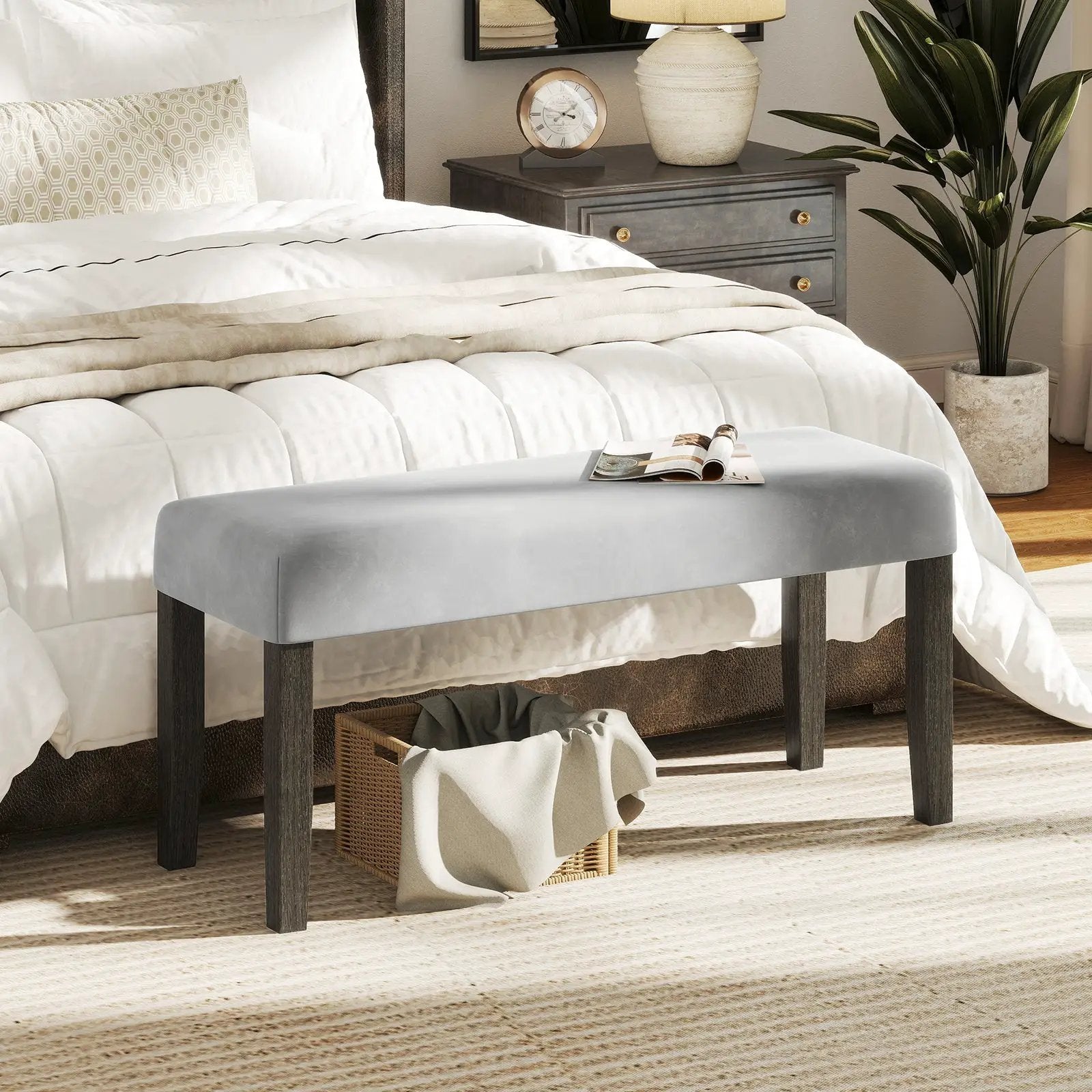 End of Bed Bench with Padded Seat and Solid Wood Legs-Gray by DirectDeals
