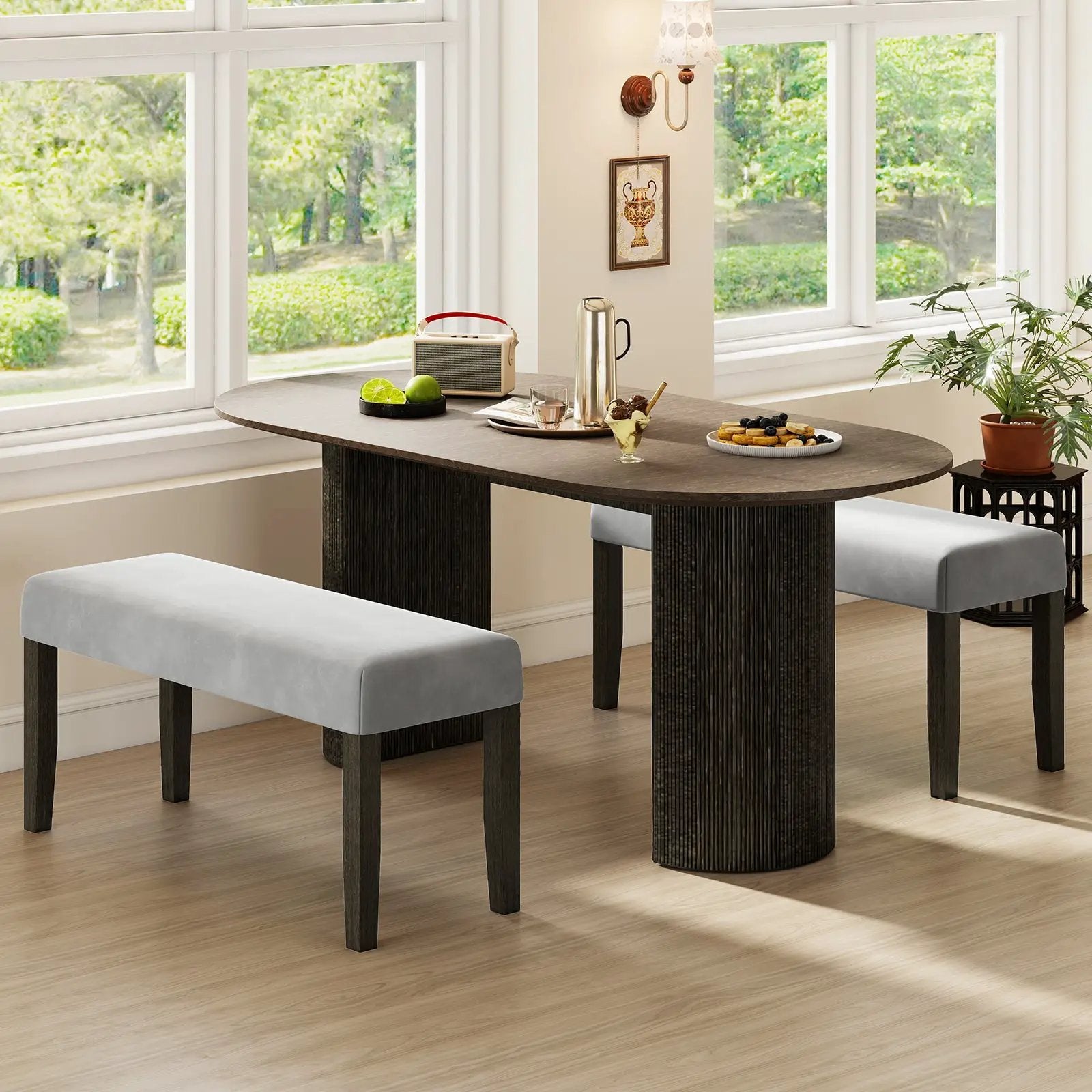End of Bed Bench with Padded Seat and Solid Wood Legs-Gray by DirectDeals