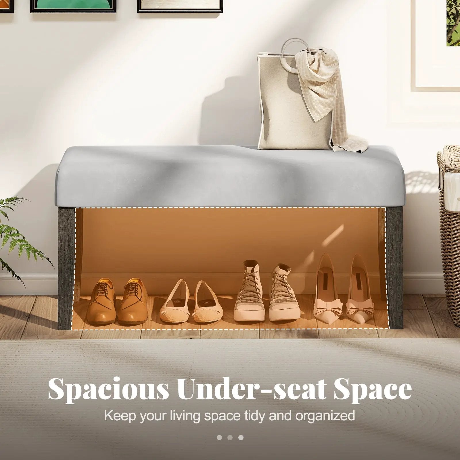 End of Bed Bench with Padded Seat and Solid Wood Legs-Gray by DirectDeals