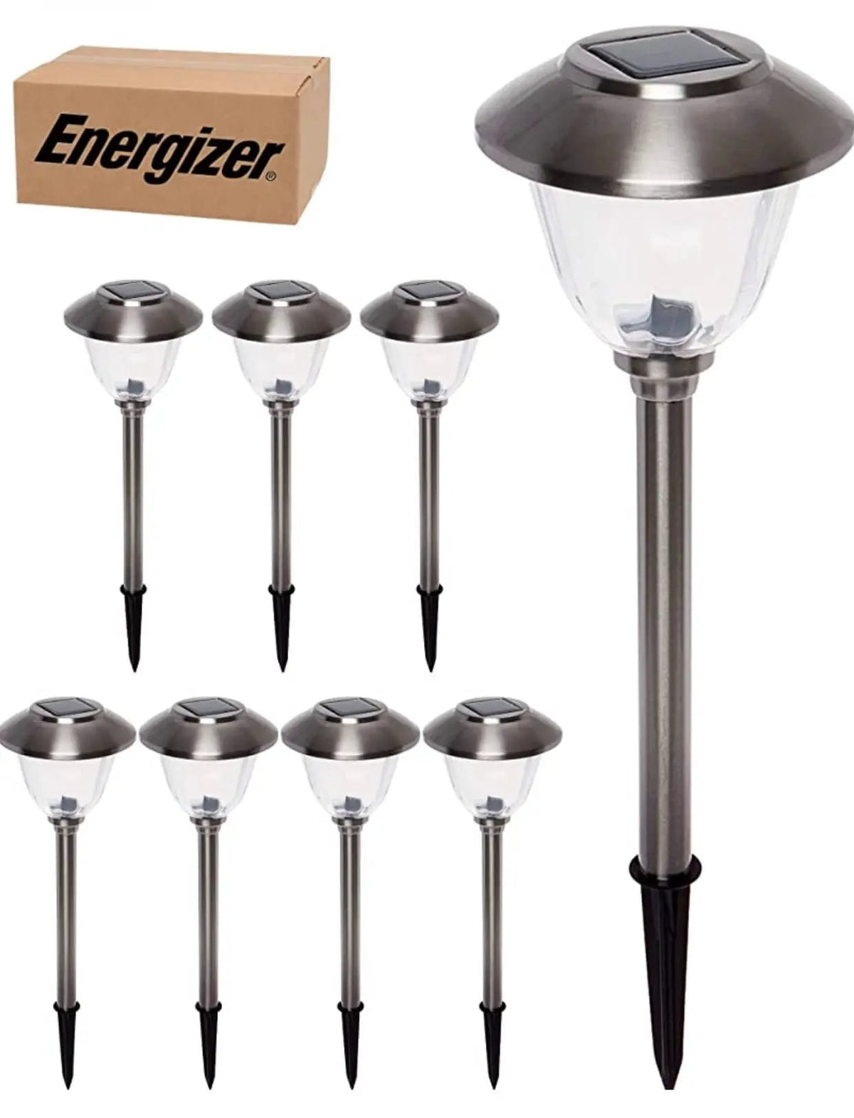 Energizer 8 Pack Solar Pathway LED Lights Outdoor- Glass and Stainless Steel 15 LM ( Silver ) by Outdoor Solar Outlet