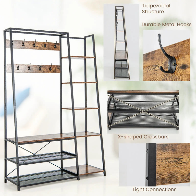 5-in-1 Entryway Hall Tree with Storage Bench with 9 Hooks-Rustic Brown by DirectDeals