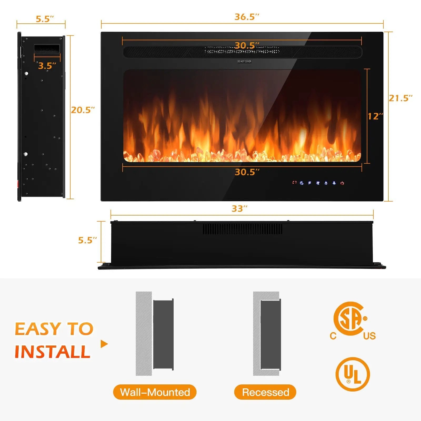 36 Inch Electric Fireplace Insert Wall Mounted with Timer by DirectDeals