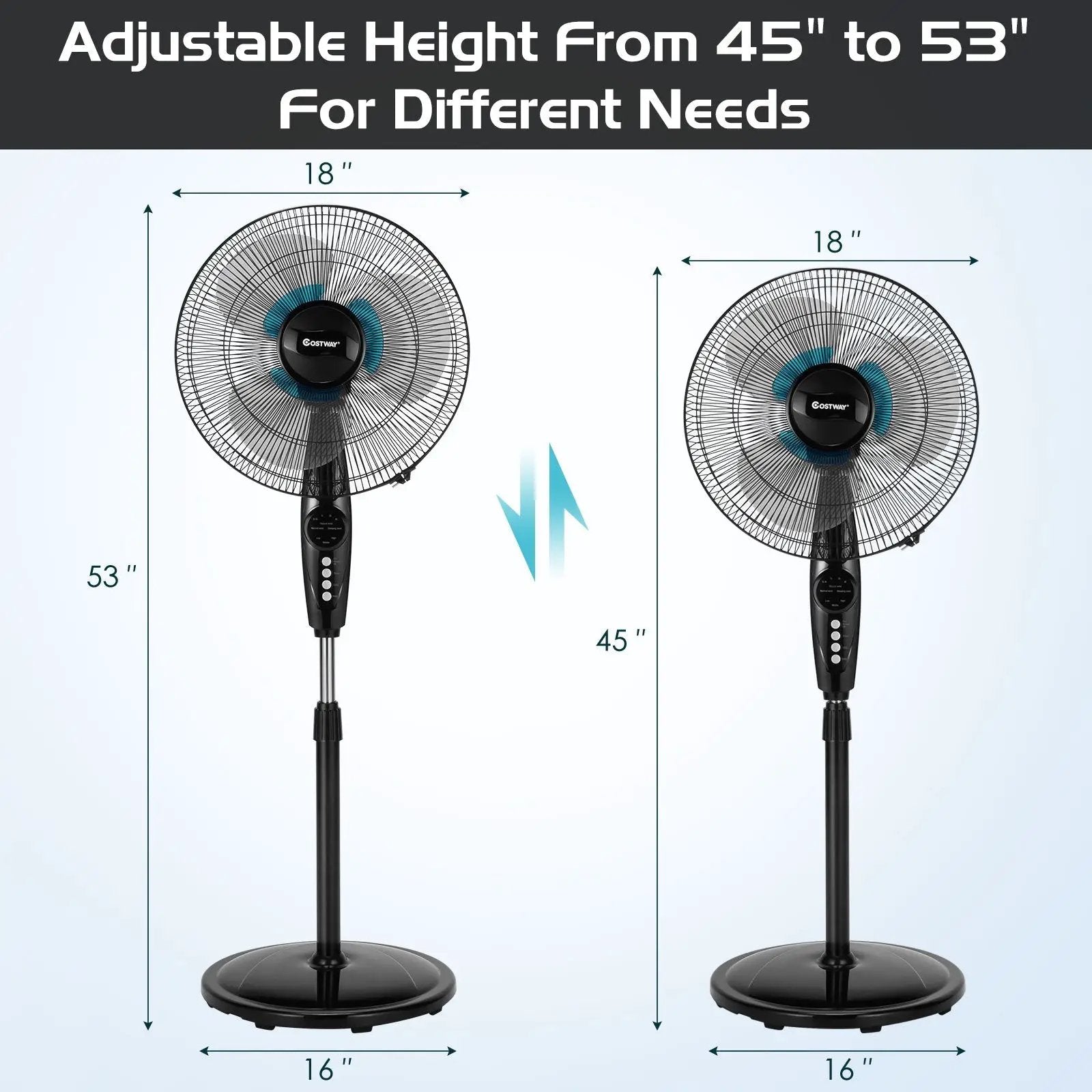 16 Inches Adjustable Height Fan with Quiet Oscillating Stand for Home and Office by DirectDeals
