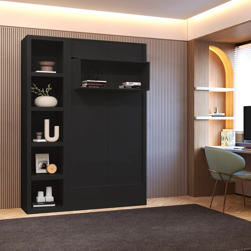 Easy-Lift Twin Murphy Wall Bed in Black with Bookshelf by Sharicks