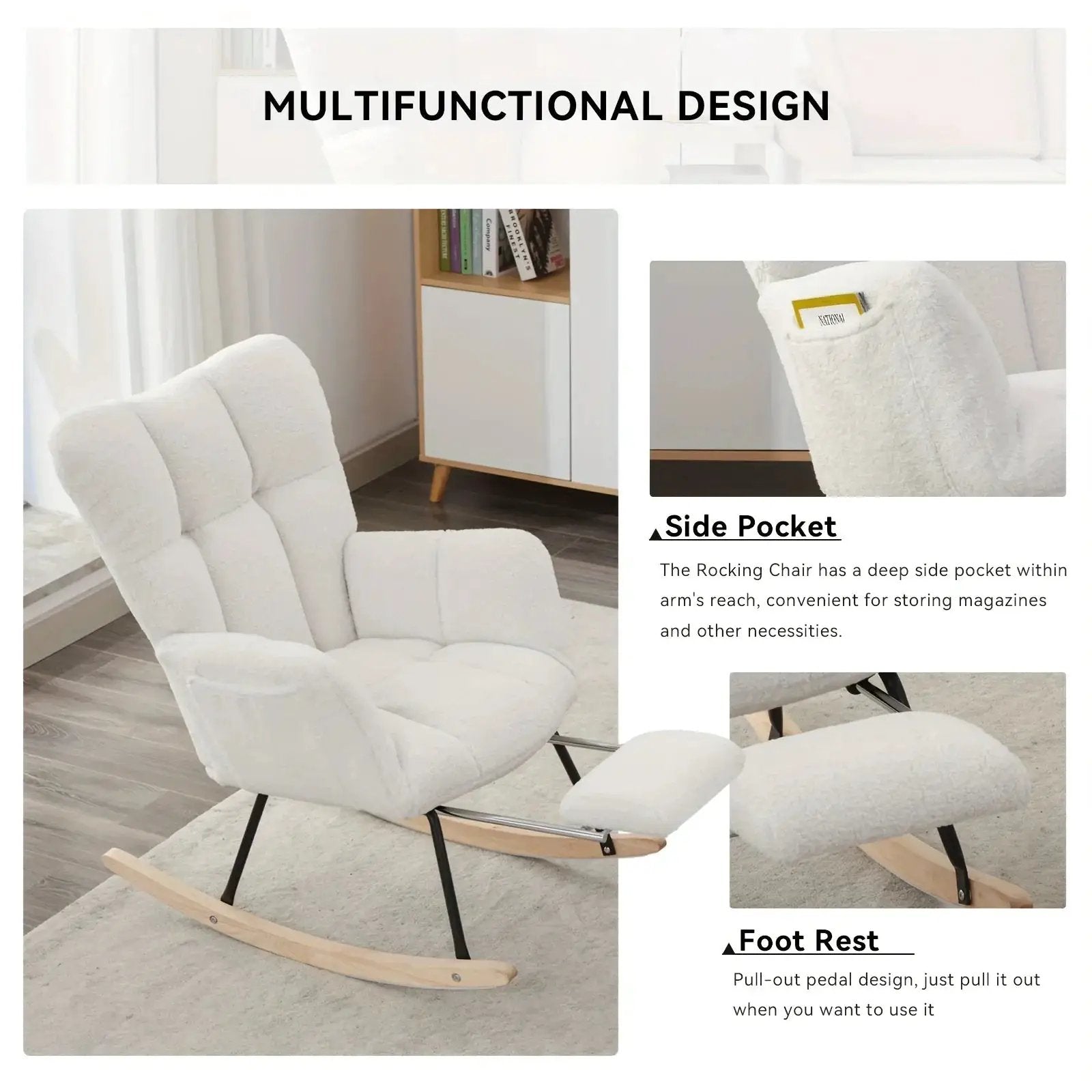 Ergonomic Teddy Fabric Rocking Chair with Footstool - Hardwood Frame Glider Chair with Plush Cushioning, Manual Rocker for Indoor Use, Easy-Clean Spot Clean Design, Ideal for , Living Room, Bedroom - Perfect for Mum & Adults by House Of Avana