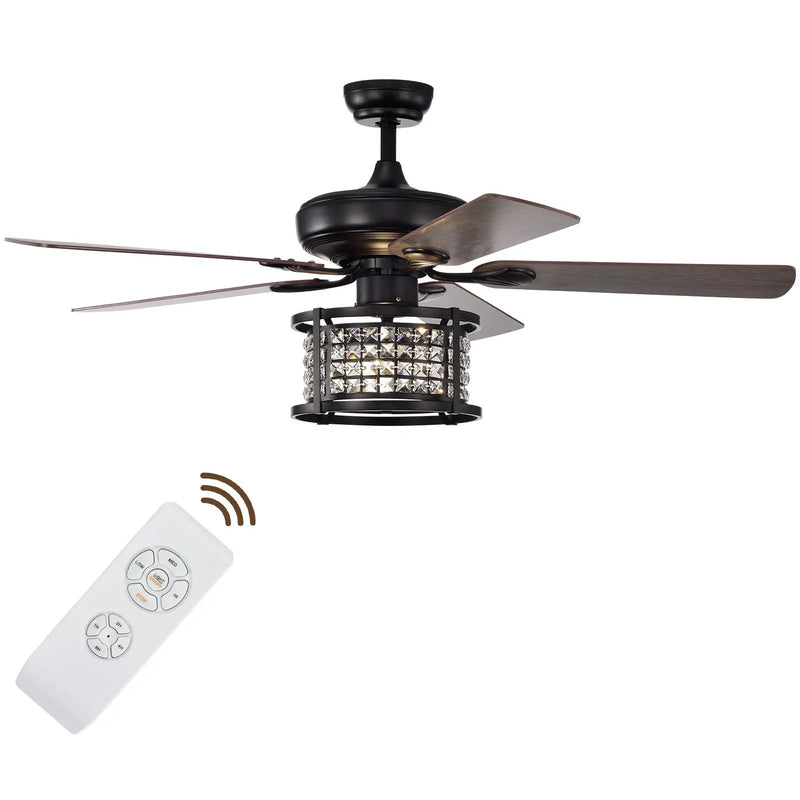 52 Inch 3-Speed Crystal Ceiling Fan Light with Remote Control-Black by DirectDeals