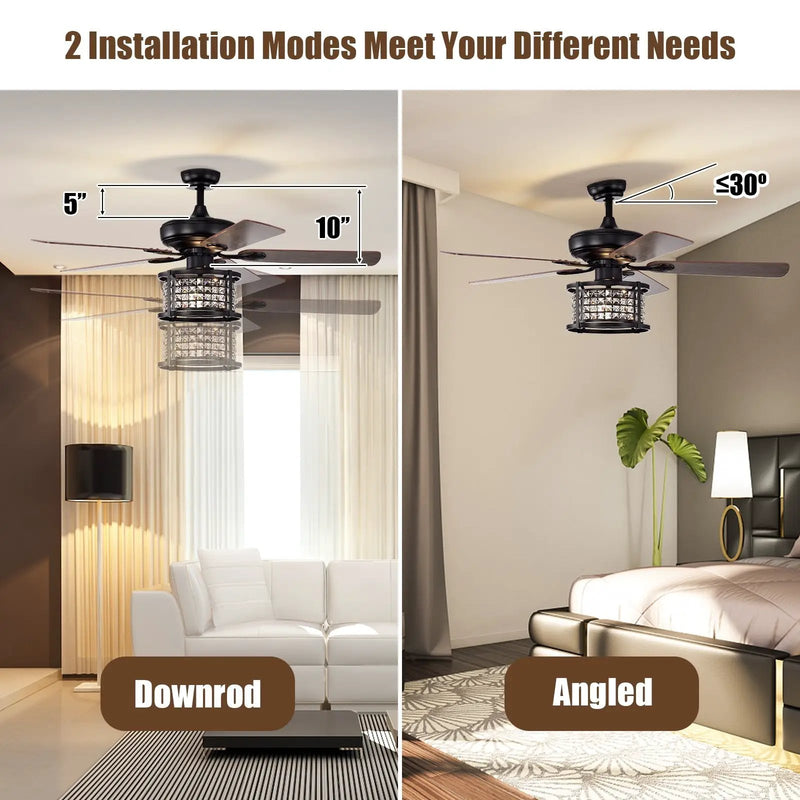 52 Inch 3-Speed Crystal Ceiling Fan Light with Remote Control-Black by DirectDeals