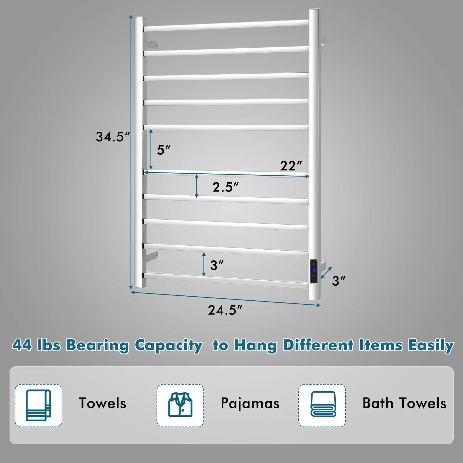 10 Bar Towel Warmer Wall Mounted Electric Heated Towel Rack with Built-in Timer-Silver by DirectDeals