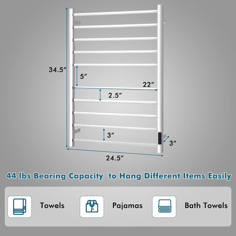10 Bar Towel Warmer Wall Mounted Electric Heated Towel Rack with Built-in Timer-Silver by DirectDeals