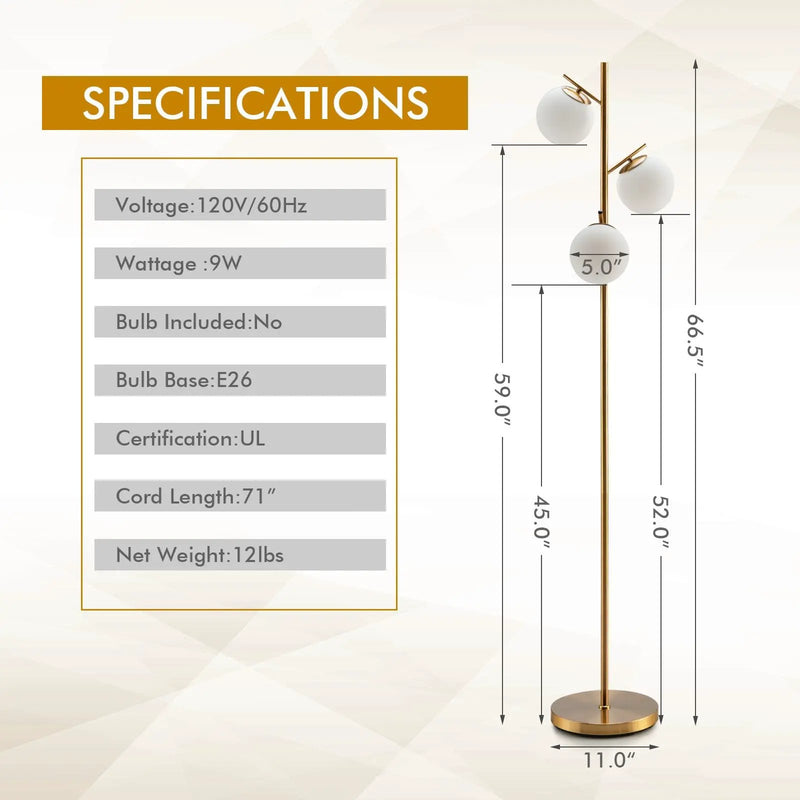 3-Globe Floor Lamp with Foot Switch and Bulb Bases-Golden by DirectDeals