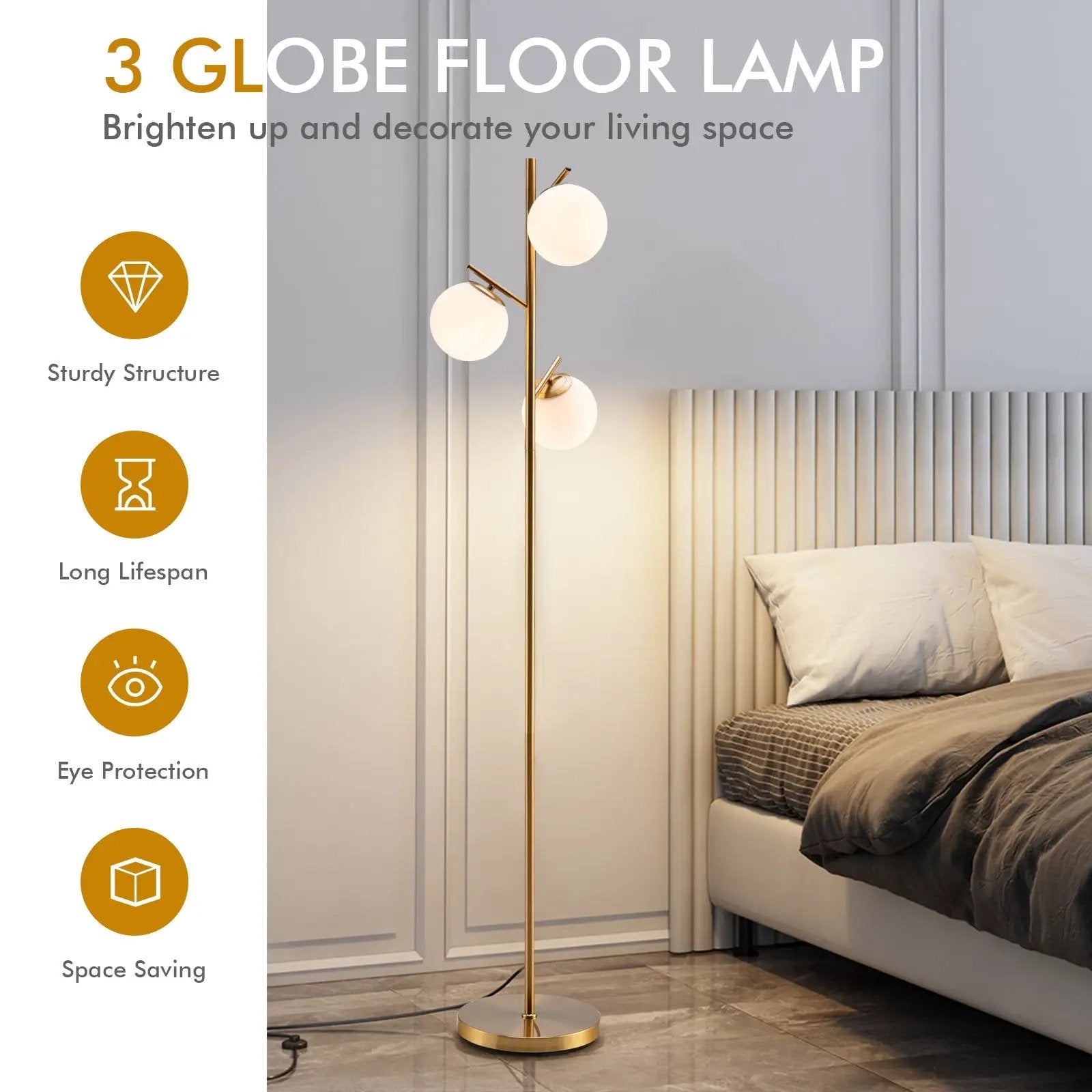 3-Globe Floor Lamp with Foot Switch and Bulb Bases-Golden by DirectDeals
