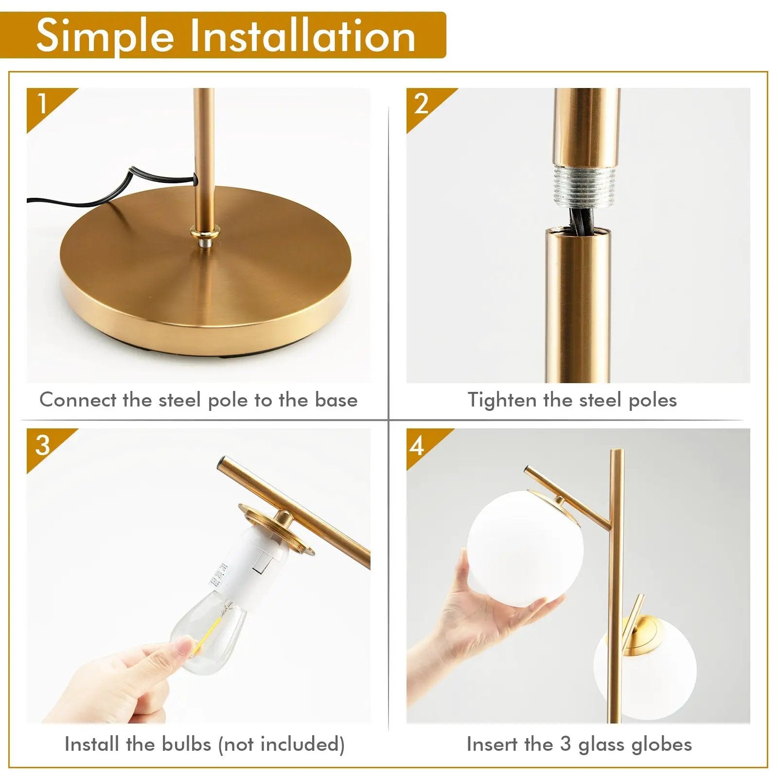 3-Globe Floor Lamp with Foot Switch and Bulb Bases-Golden by DirectDeals