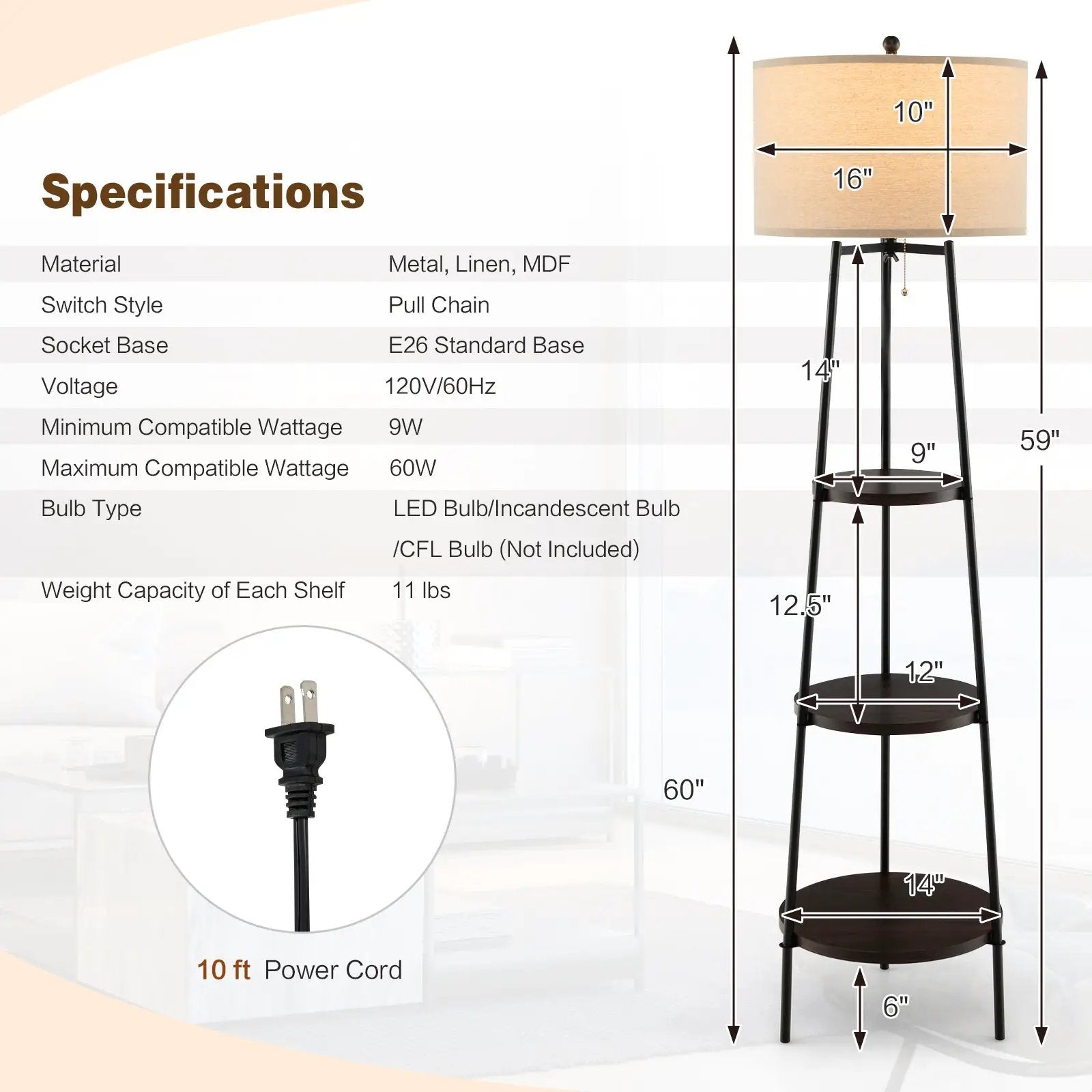Shelf Floor Lamp with Storage Shelves and Linen Lampshade by DirectDeals