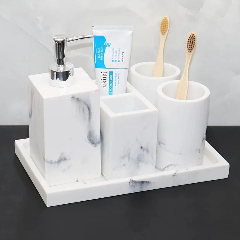 European Style 5-Piece Bathroom Accessory Set with Faux Marble Design - Includes Soap Dispenser, Toothbrush Holder, Tumbler, Soap Dish, and Tray - Elegant Vanity Countertop Ensemble for Home or Hotel Decor by House Of Avana