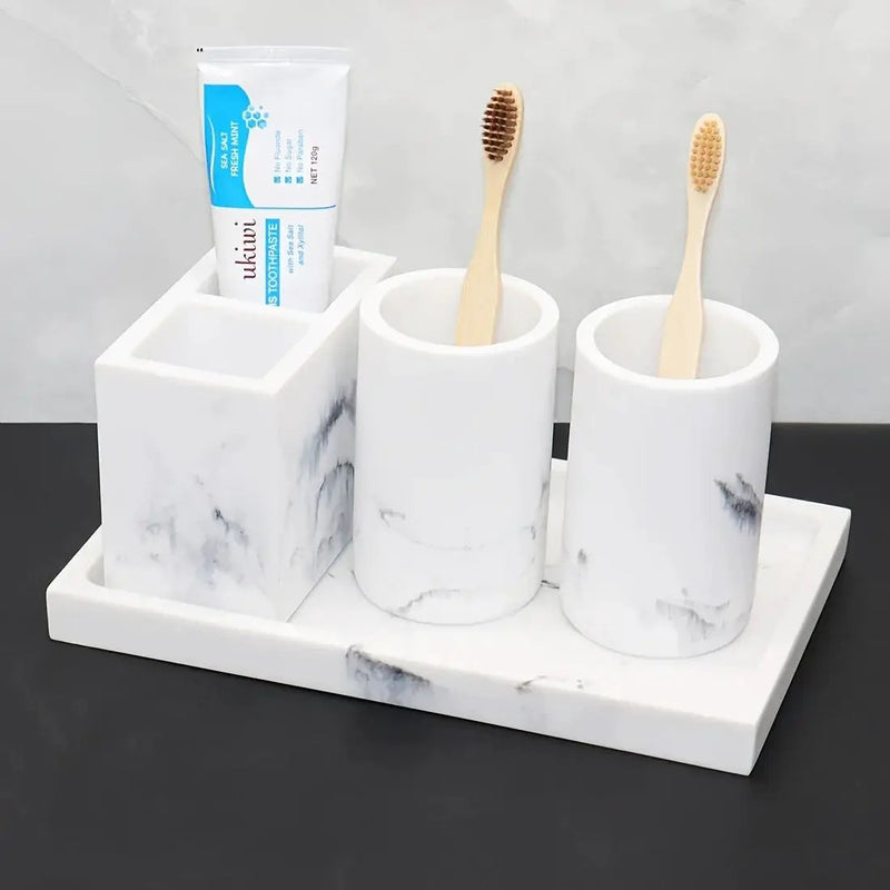 European Style 5-Piece Bathroom Accessory Set with Faux Marble Design - Includes Soap Dispenser, Toothbrush Holder, Tumbler, Soap Dish, and Tray - Elegant Vanity Countertop Ensemble for Home or Hotel Decor by House Of Avana