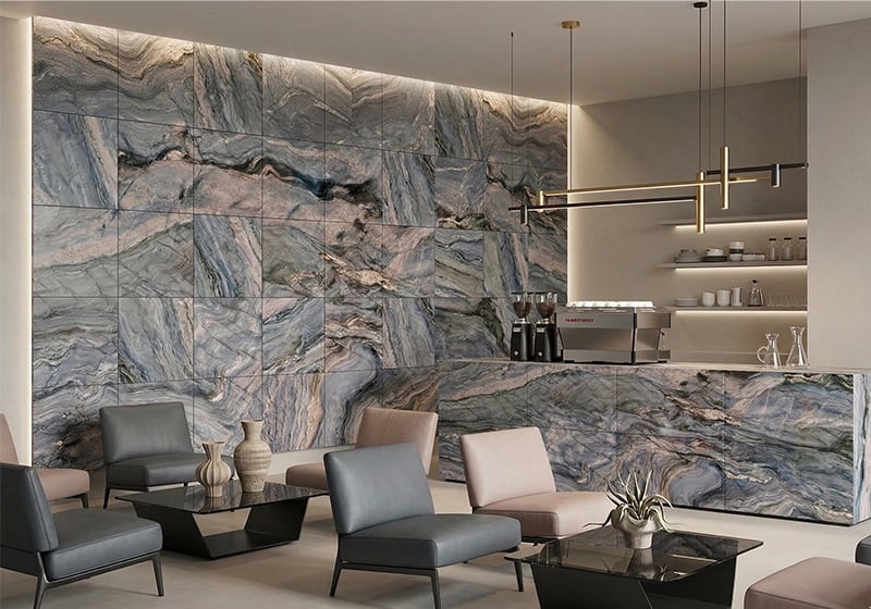 Explosion Blue Polished Quartzite Slab Random room scene