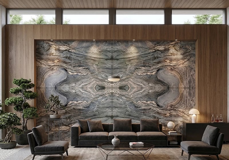 Explosion Blue Polished Quartzite Slab Random room scene 2