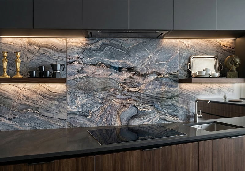 Explosion Blue Polished Quartzite Slab Random room scene 4