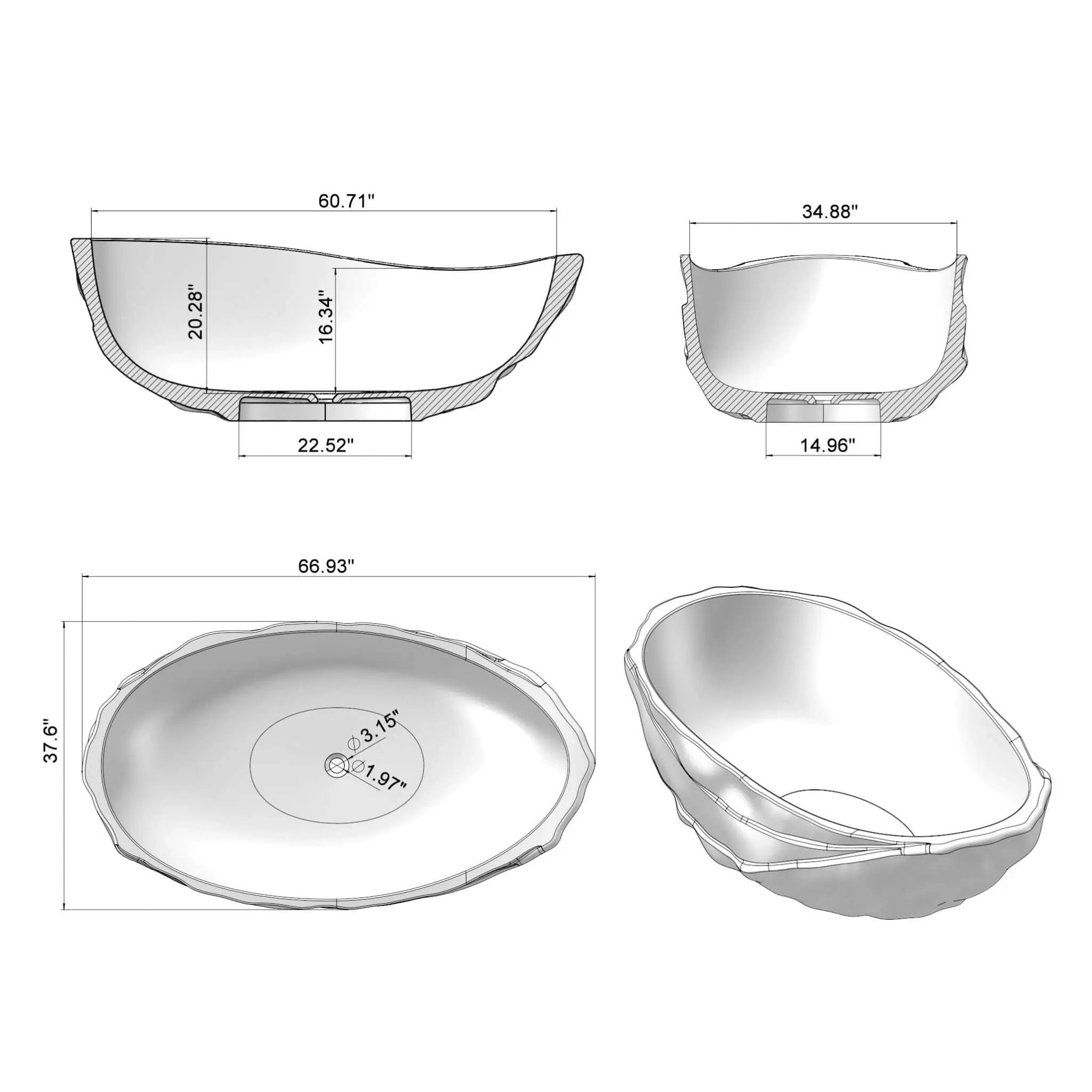 Nuvia Extra-Large 67-Inch Modern Freestanding Oval Resin Soaking Bathtub (SAK39750) by SAKSBY WHOLESALE
