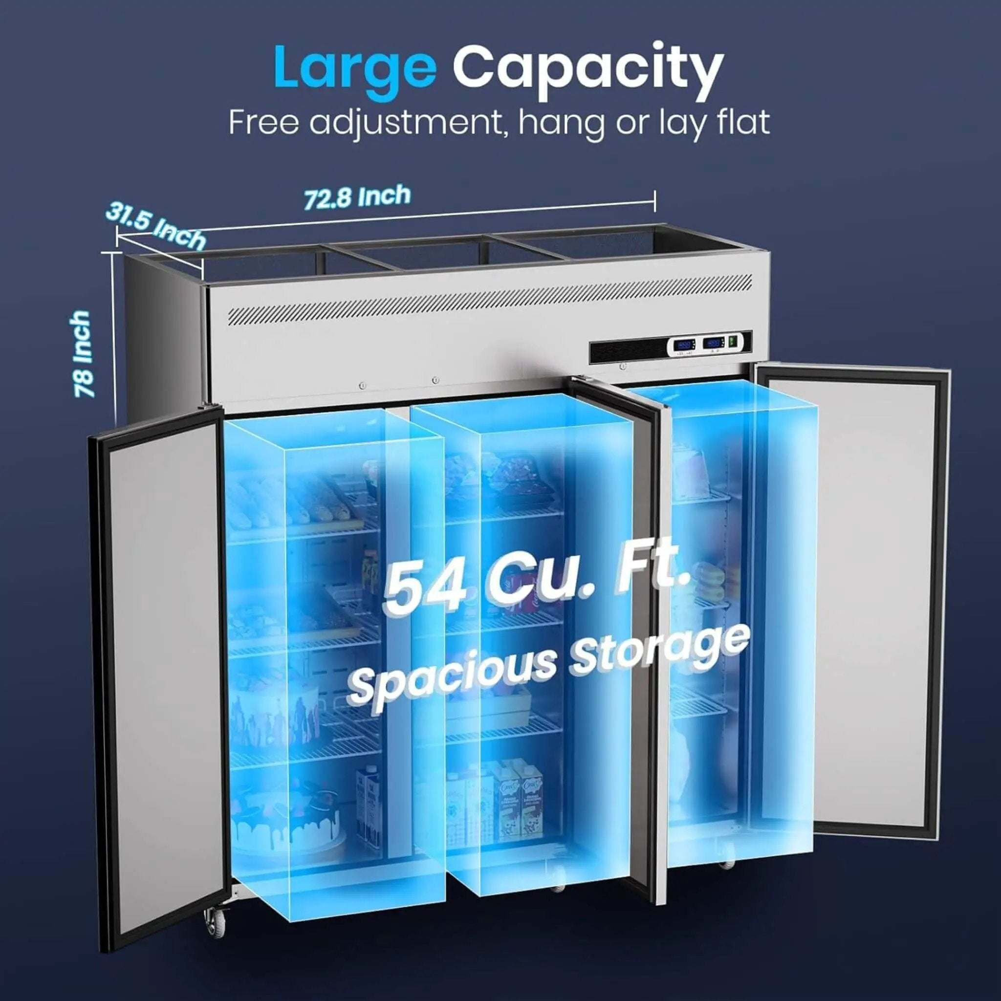 Extra-Large 72-Inch 54 Cu.Ft Commercial 3-Door Upright Reach-In Freezer Refrigerator Combo With Wheels (SAK68325) by SAKSBY WHOLESALE