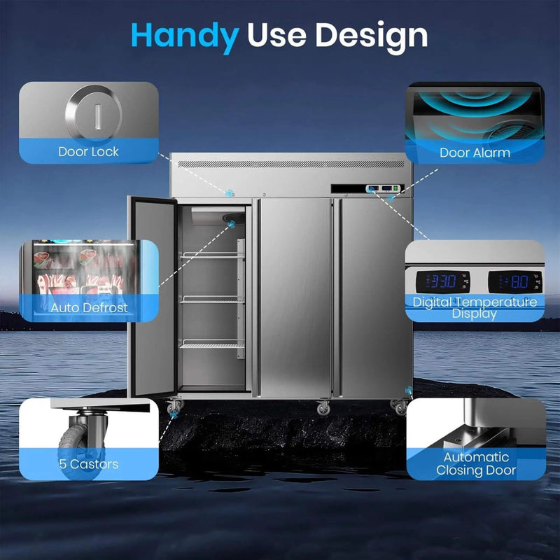 Extra-Large 72-Inch 54 Cu.Ft Commercial 3-Door Upright Reach-In Freezer Refrigerator Combo With Wheels (SAK68325) by SAKSBY WHOLESALE