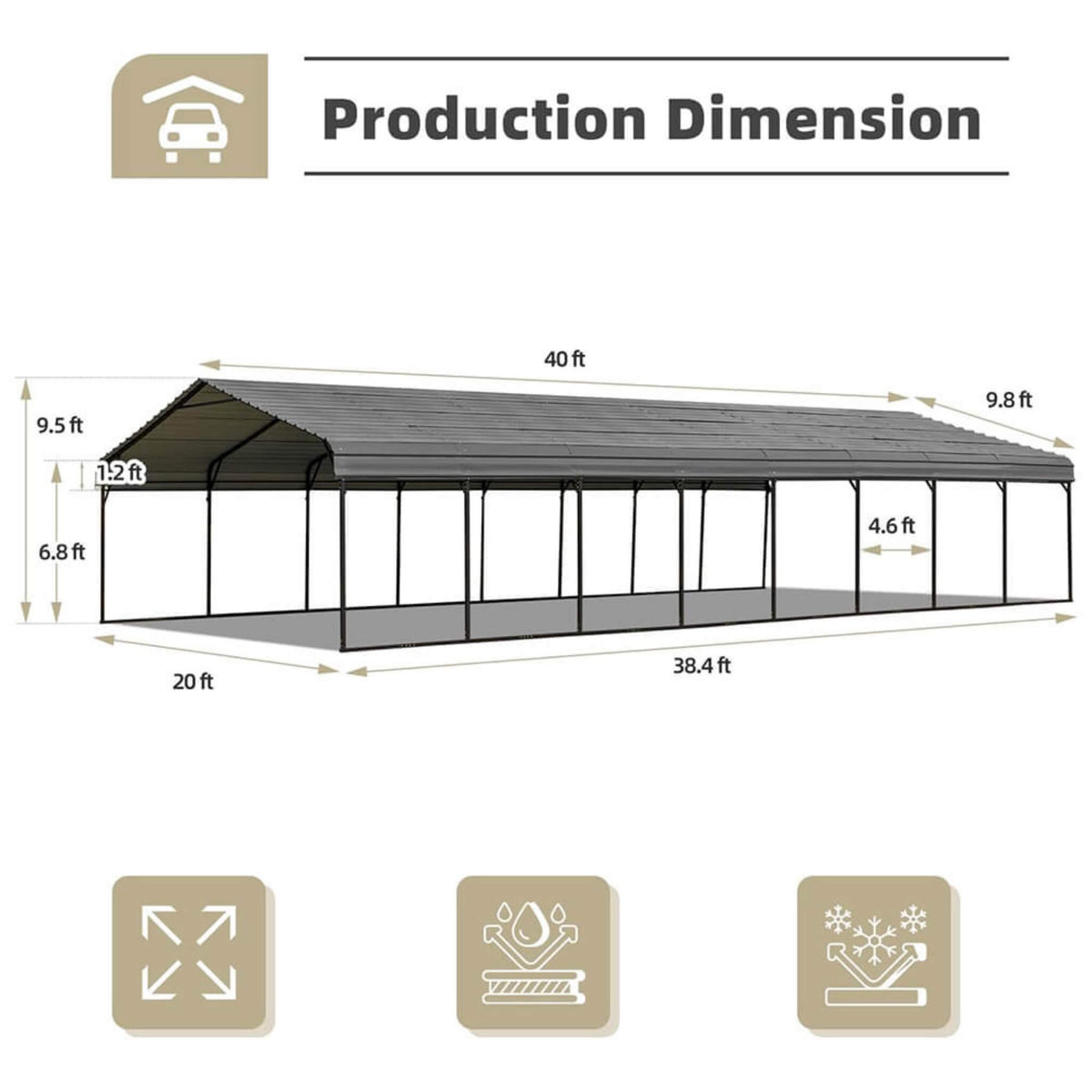 [20X40FT] Extra-Large Heavy-Duty Four Car Outdoor Metal Carport Canopy For Trucks, Boats And SUVs (SAK29713), dimensions drawing
