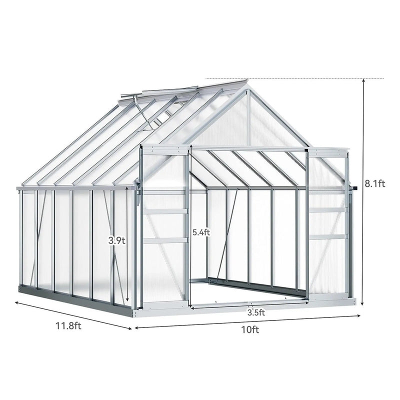 [10X12FT] Extra-Large Heavy-Duty Polycarbonate Aluminum Greenhouse With Sliding Doors And Vents (SAK74183) by SAKSBY WHOLESALE
