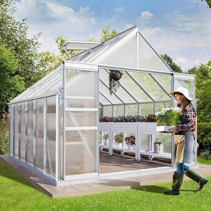[10X12FT] Extra-Large Heavy-Duty Polycarbonate Aluminum Greenhouse With Sliding Doors And Vents (SAK74183) by SAKSBY WHOLESALE