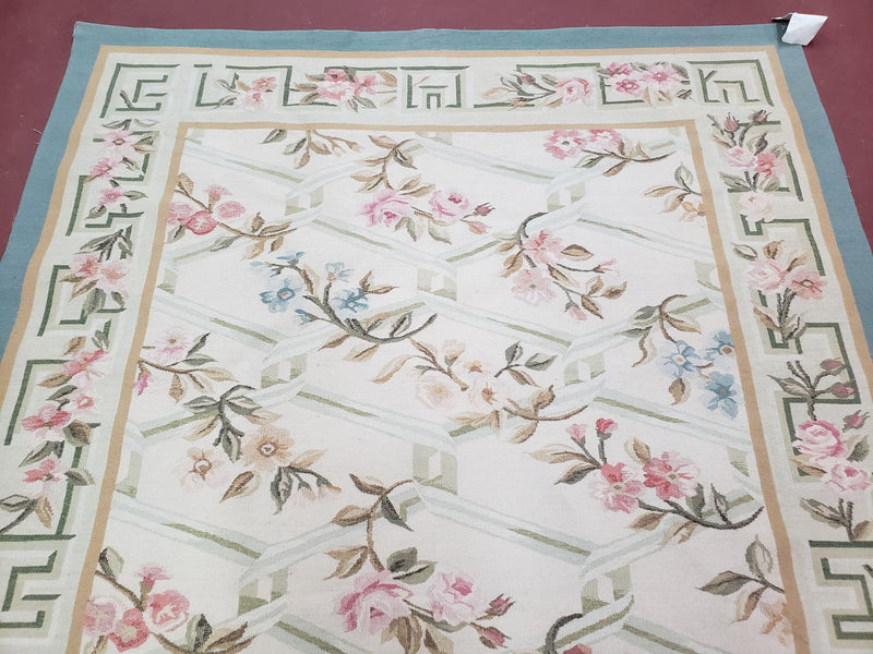 Vintage Aubusson Area Rug, Aubusson Flat weave Carpet, Floral Geometric Pattern, Beige Teal Green, 4x6 Rug, European Design by Jewel Rugs