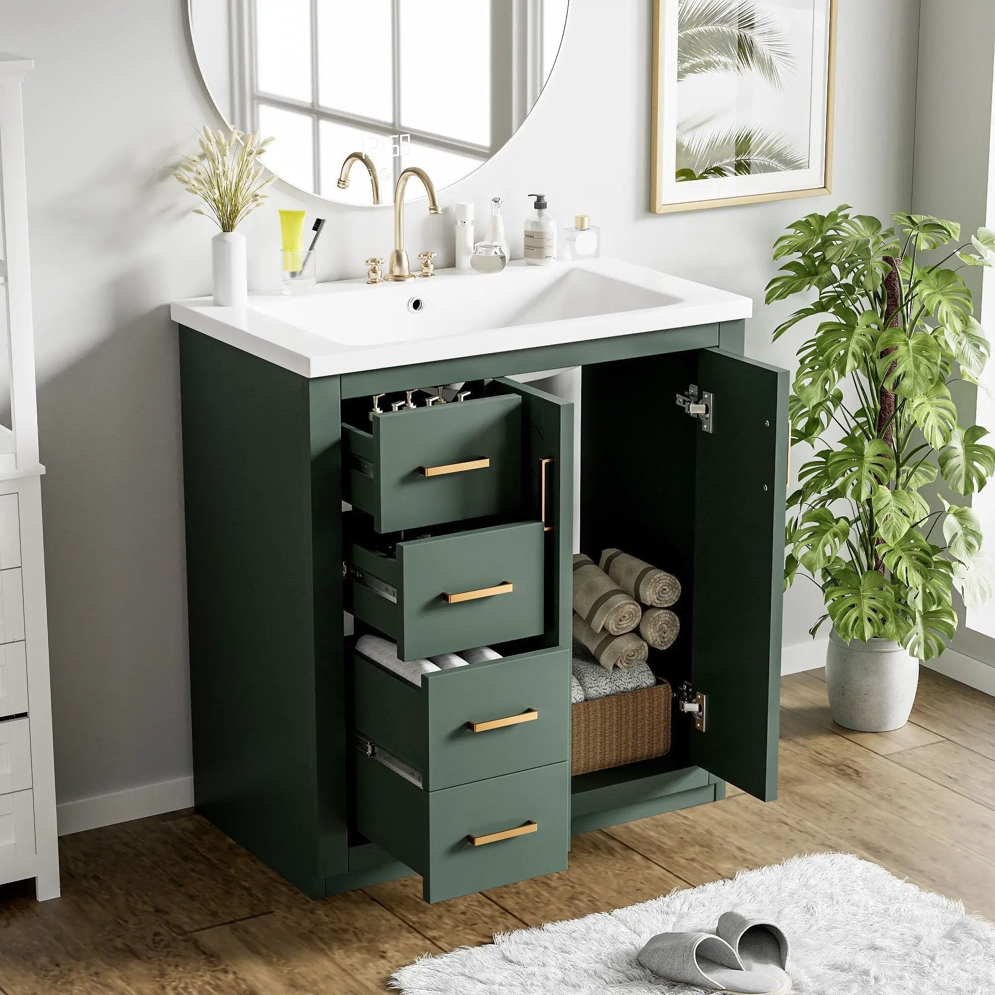 Ceramic Sink Combo, Freestanding Vanity Set With 3 Drawers & Soft Closing Doors by Unique Piece Furniture