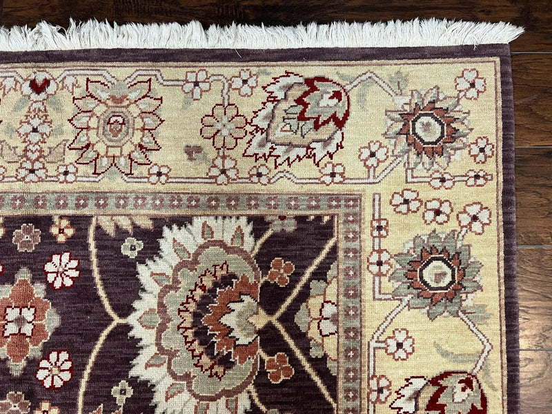 Vintage Indo Mahal Area Rug 6x9, Indian Persian Oriental Carpet 6 x 9, Puce Eggplant Tan Beige Rug, Hand-Knotted, Large Floral Design Wool by Jewel Rugs