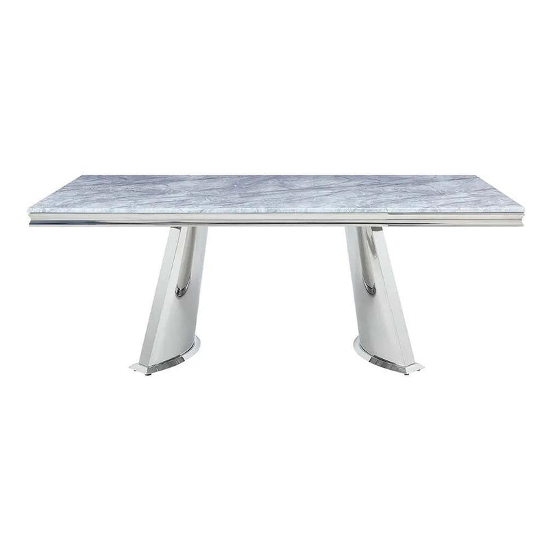 Destry - Dining Table With Engineering Stone Top & Pedestal Base - Engineering Stone Top & Mirrored Silver by Unique Piece Furniture