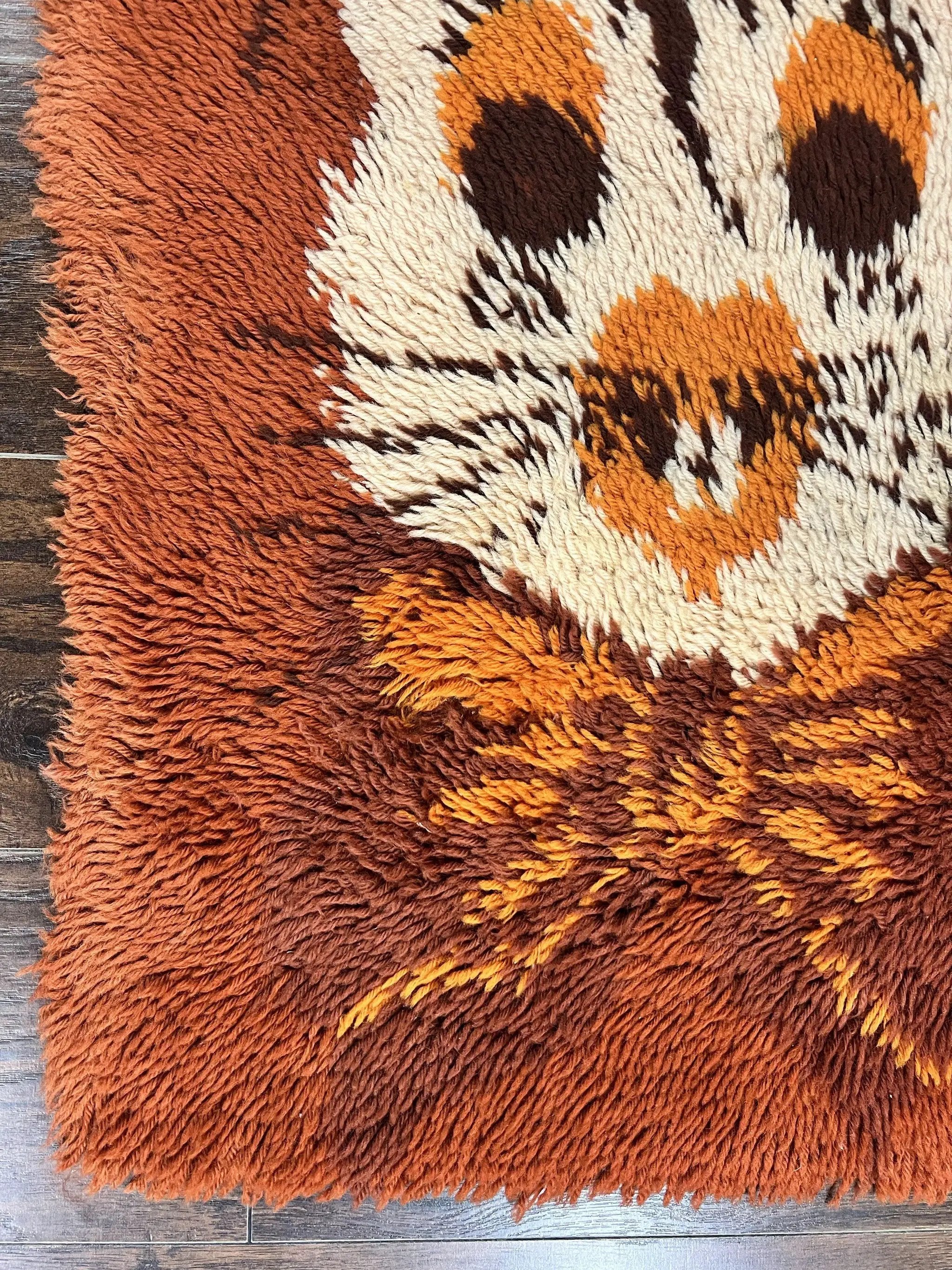 Rya Shag Rug 2x4, Rabbit in Top Hat, Wool, Orange, Vintage 1960s Danish Shag Rug by Jewel Rugs