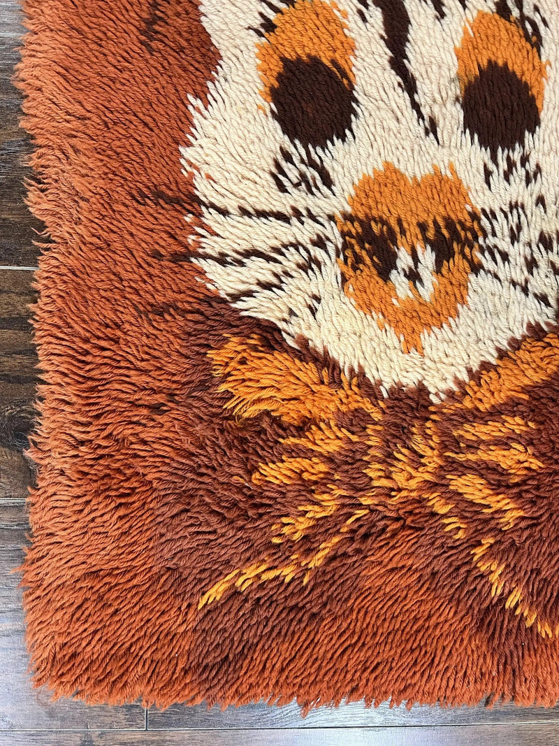 Rya Shag Rug 2x4, Rabbit in Top Hat, Wool, Orange, Vintage 1960s Danish Shag Rug by Jewel Rugs