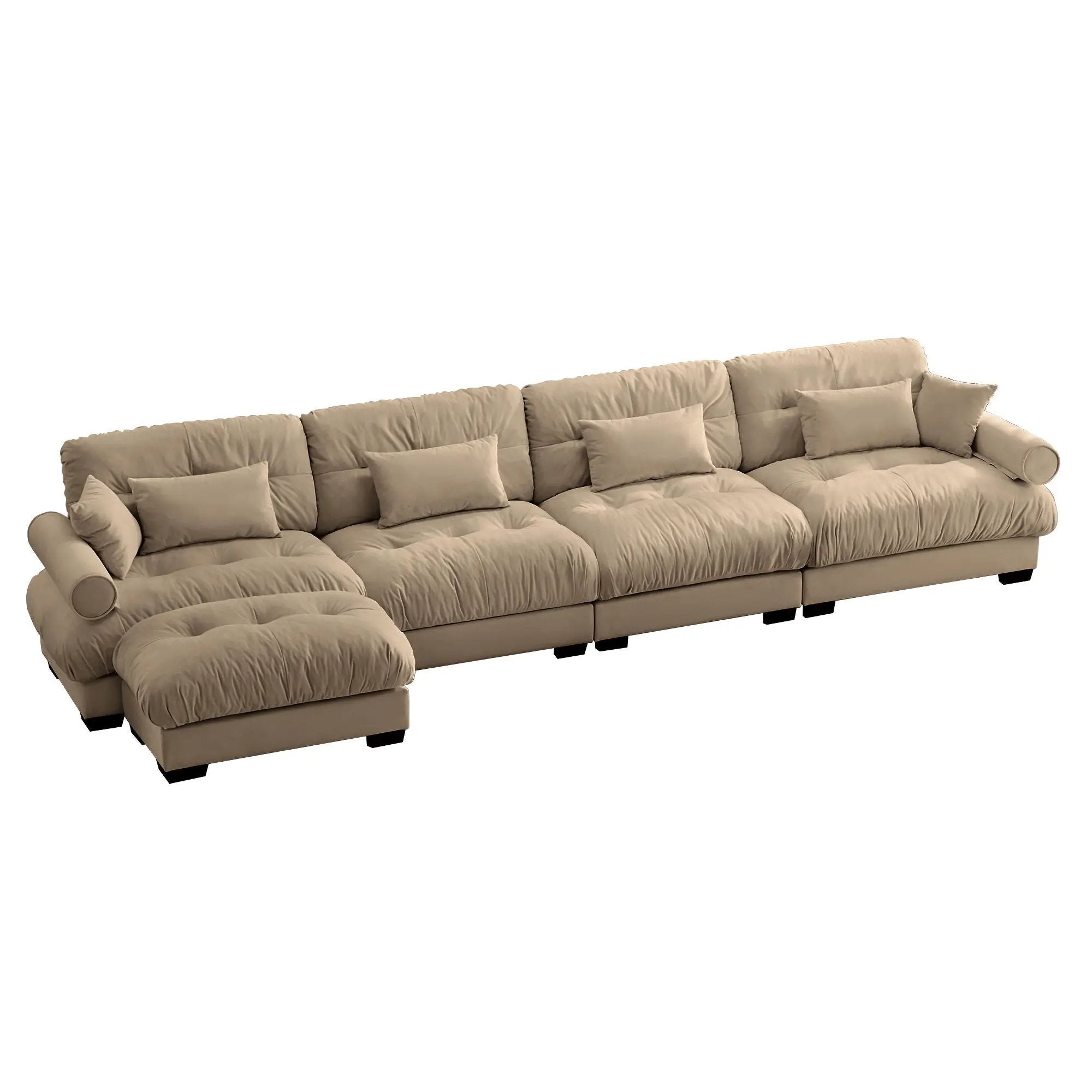 Modern Sectional Sofa With Ottoman, Round Bolster Armrests, Waist And Throw Pillows by Unique Piece Furniture