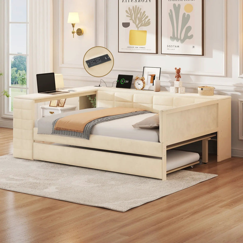 Upholstered Platform Bed With Storage Shelves, Desk, Charging Station And Trundle by Unique Piece Furniture