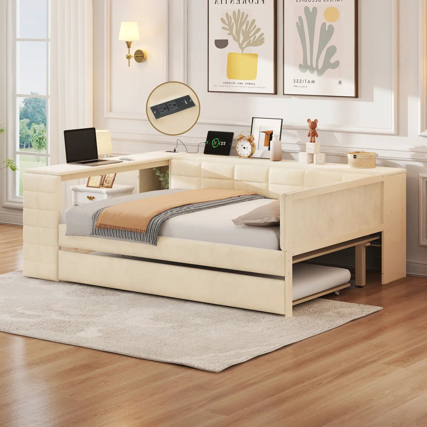 Upholstered Platform Bed With Storage Shelves, Desk, Charging Station And Trundle by Unique Piece Furniture