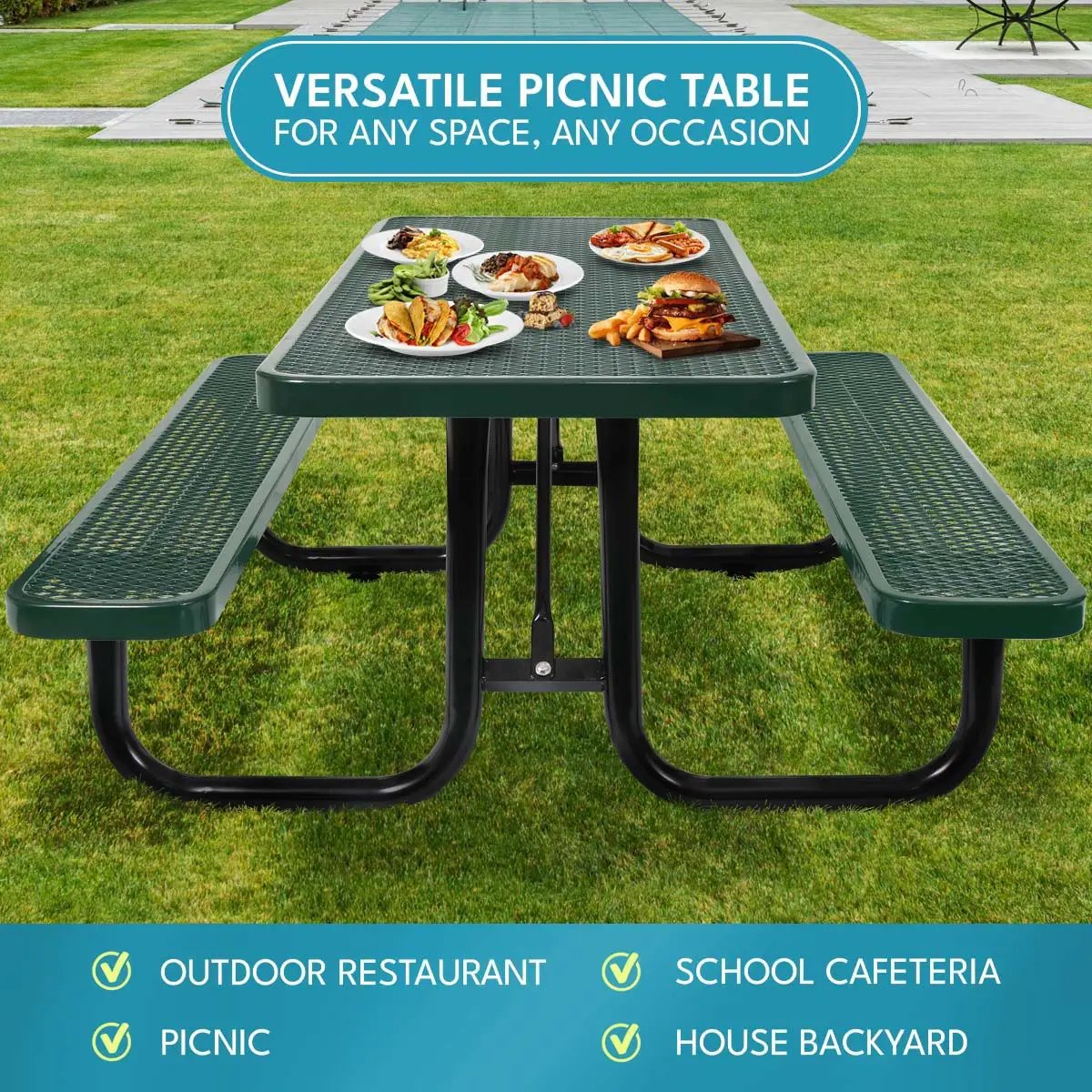 Outdoor Steel Picnic Rectangular Table With Umbrella Pole by Unique Piece Furniture
