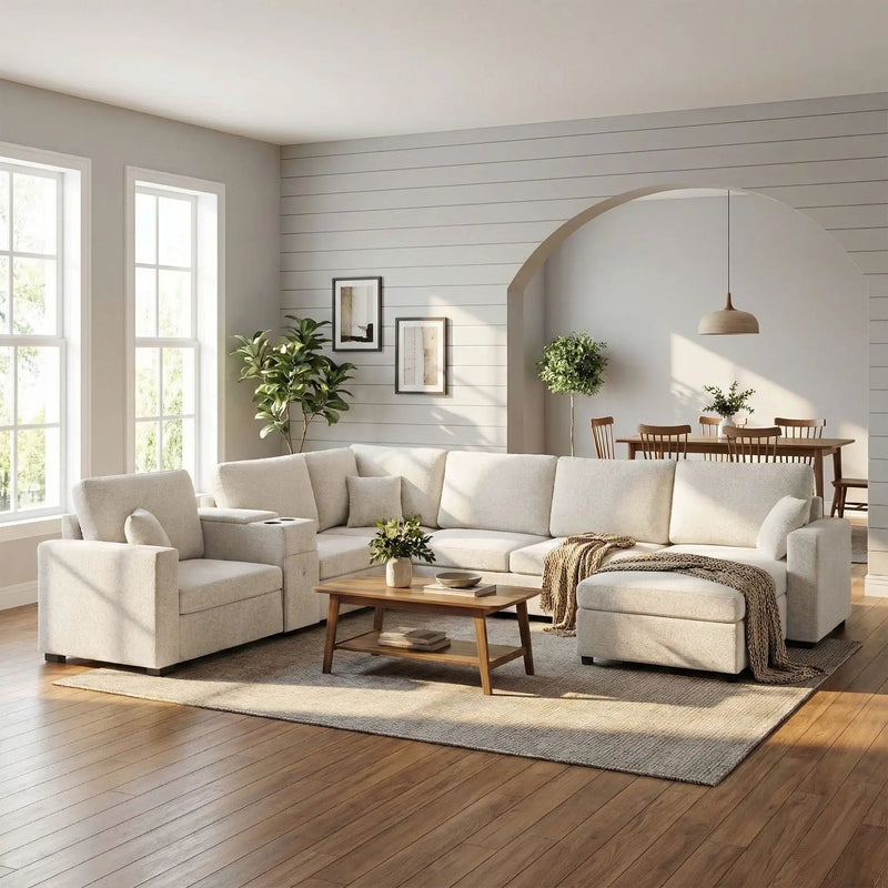 Modular 5 Seat U-Shape Sectional Sofa With Chaise Lounge, Built In Cup Holders And Storage Drawer by HouseOfZazla