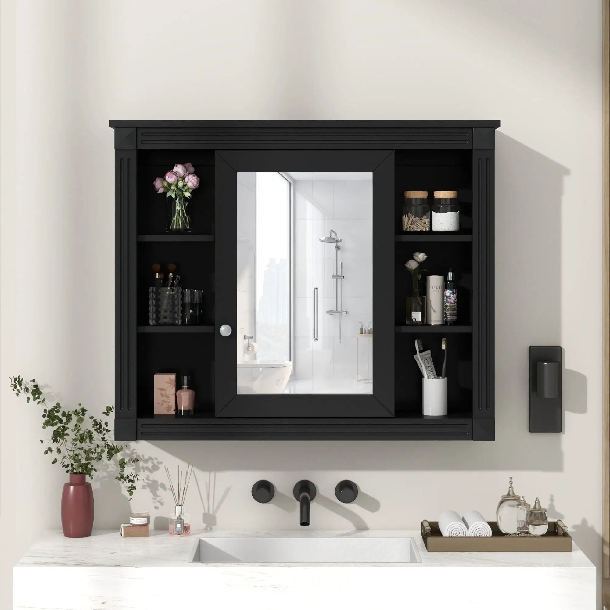 Wall-Mounted Bathroom Storage Cabinet With Mirror, 6 Open Shelves - Black by HouseOfZazla
