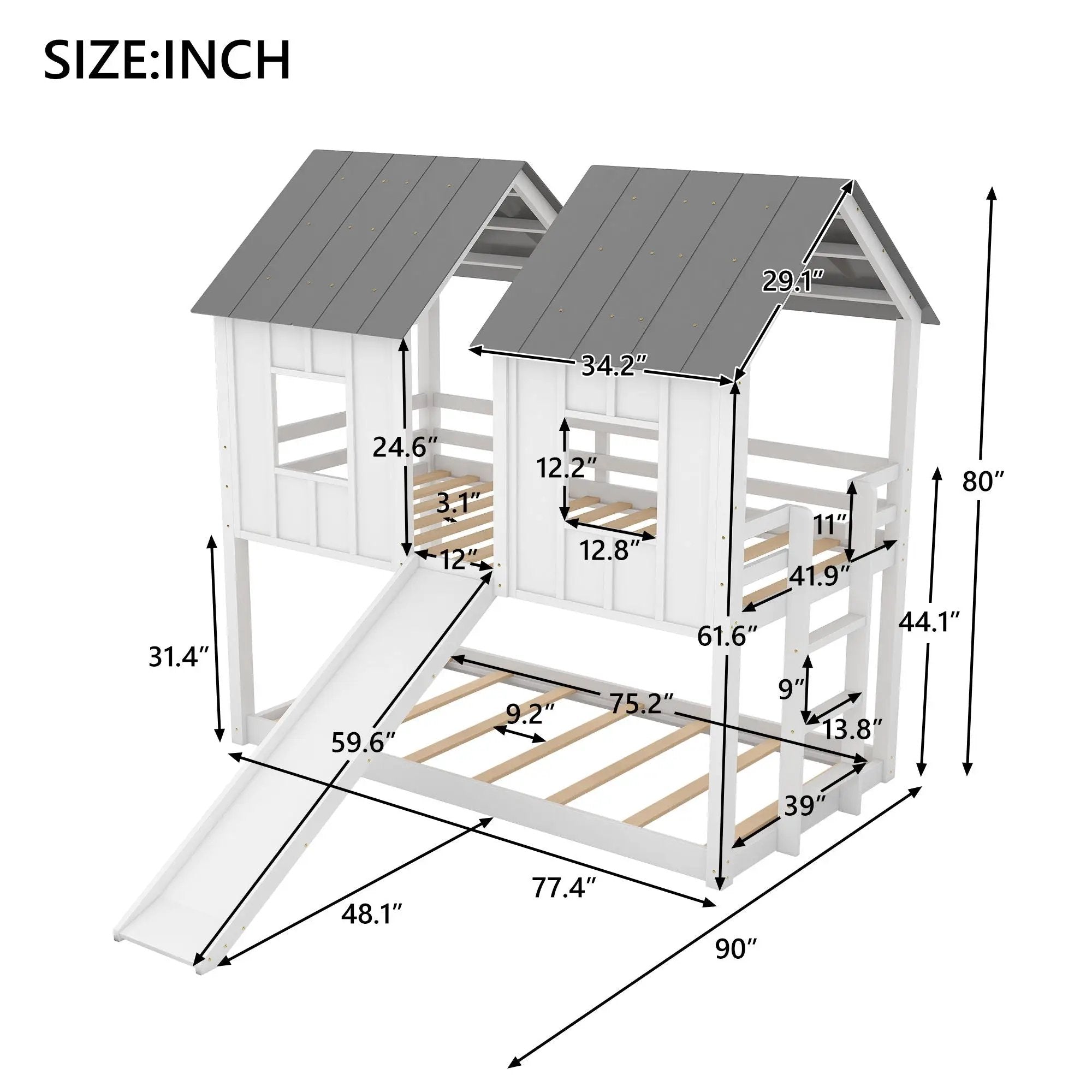 Twin Over Twin House Bunk Bed With Slide And Windows - White / Gray by Unique Piece Furniture