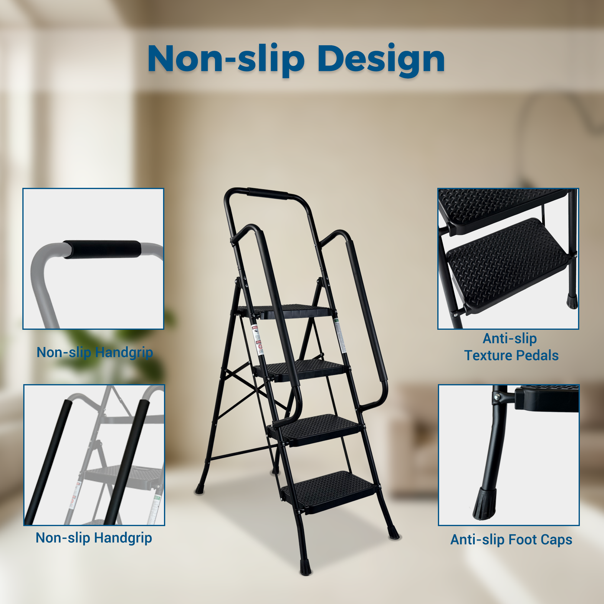 4 Step Folding Steel Ladder with Anti-Slip Pedals and Handrail by HouseOfZazla