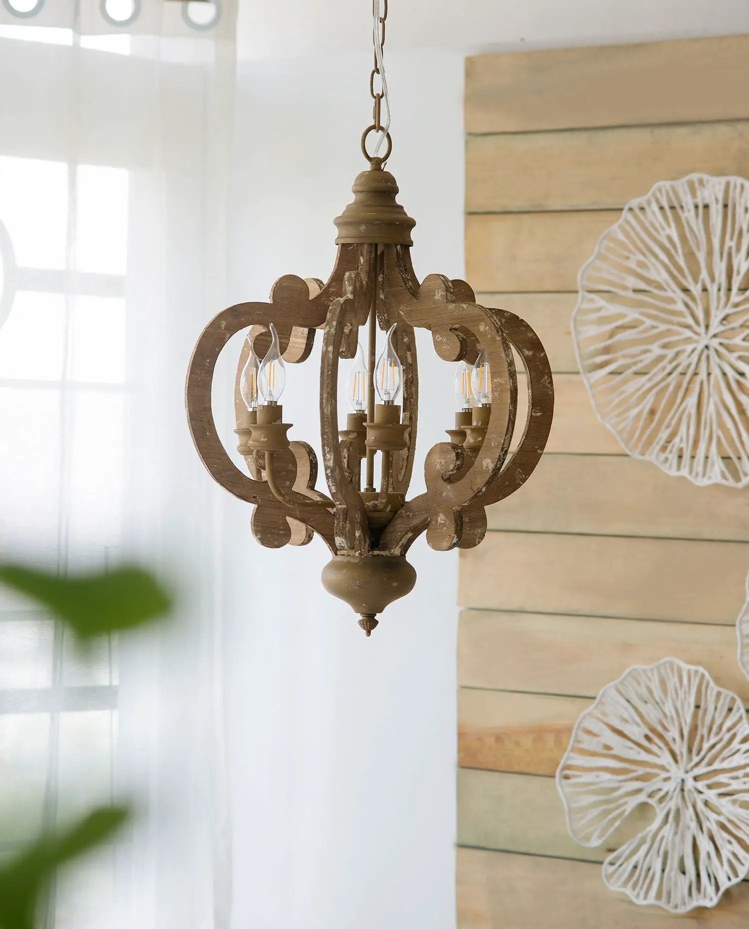 Farmhouse Chandelier, 6 Light Wood Chandelier Pendant Light Fixture With Adjustable Chain For Dining Room Living Room Entryway, Bulb Not Included by Unique Piece Furniture