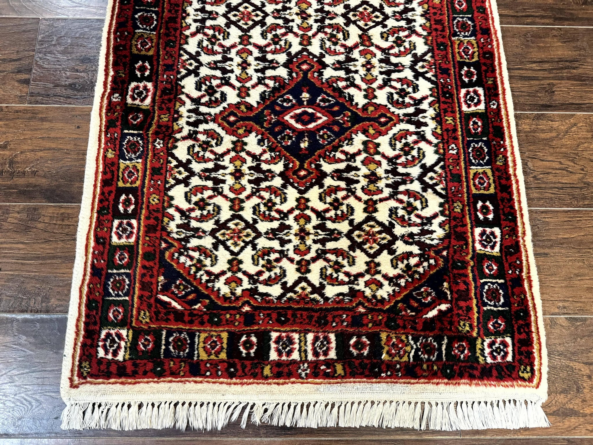 Indo Persian Bidjar Runner Rug 2.8 x 10, Vintage Rug for Hallway, 10ft Runner, Wool Handmade Ivory and Red, Medallions by Jewel Rugs
