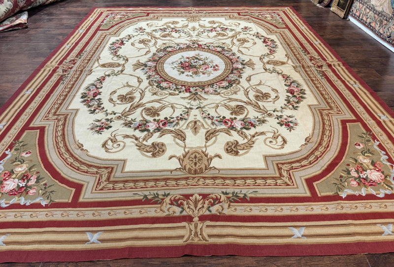 Aubusson Needlepoint Rug 9x11, Handmade Vintage Wool Flatweave Carpet, Elegant European Rug, Floral, Cream by Jewel Rugs